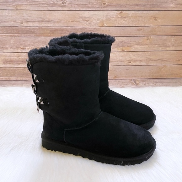 UGG Bailey Bow Diagonal Stripes Black Boots - Picture 2 of 9